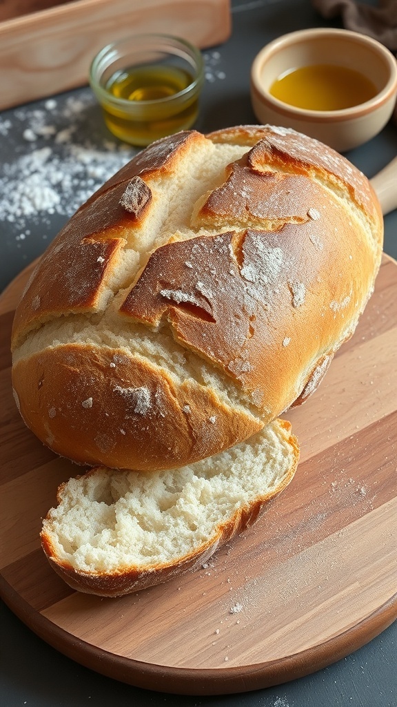 Freshly baked artisan bread loaf on a cutting board, sliced to show soft interior, with olive oil in the background.